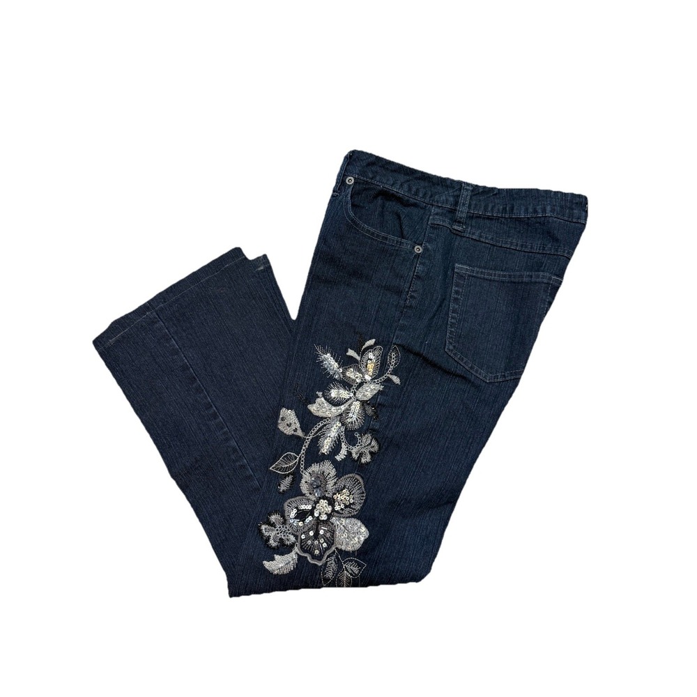 Vintage Y2K Blue Jeans Straight Leg Floral Beaded Embroidered Mid Rise‎ Size 6